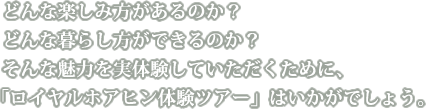 どんな楽しみ方があるのか？どんな暮らし方ができるのか？そんな魅力を実体験していただくために、「ロイヤルホアヒン体験ツアー」はいかがでしょう。